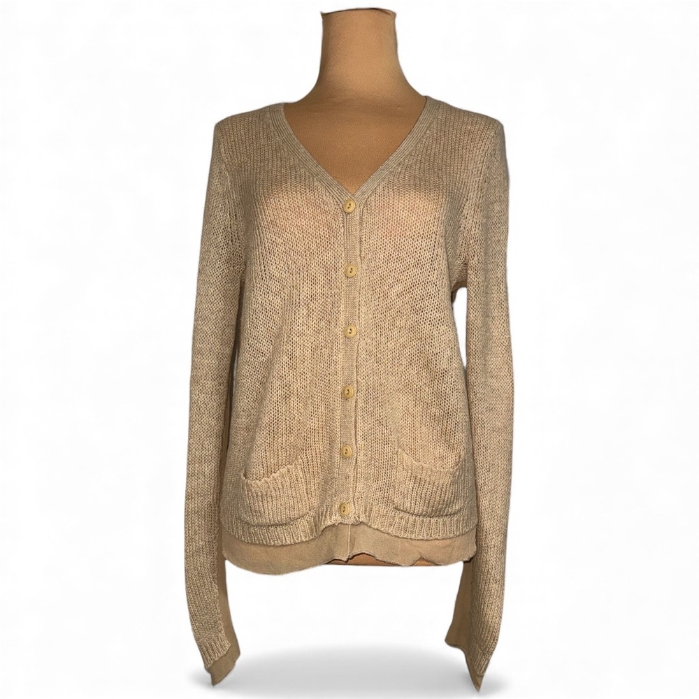 MODA‎ INTERNATIONAL Beige Knit Cardigan Sweater with Silk Trim Size S